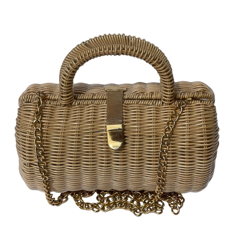 Woven Straw Barrel Handbag with Gold Chain - Picture 2 of 7